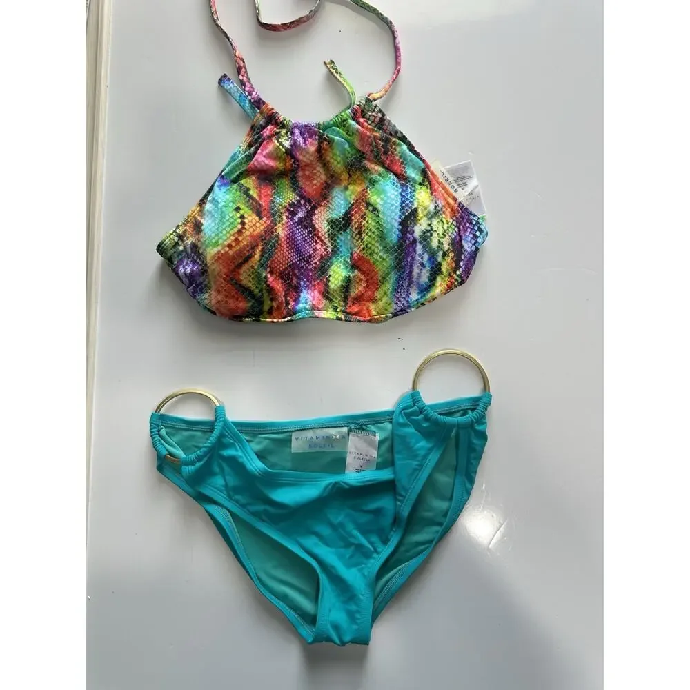 Vitamin A Soleil Womens M Bikini Set Turquoise Snake Print Ring Bottom NWT